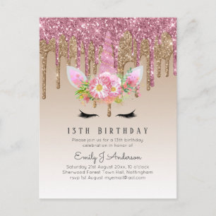 Glitter Unicorn Rose Gold Pink Dripping 13th Bday Postcard