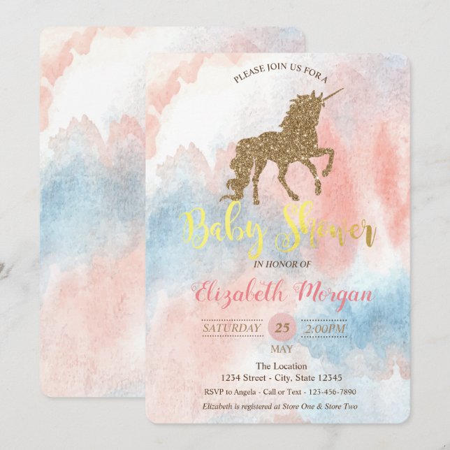 Glitter Unicorn,Watercolor Baby Shower Invitation (Front/Back)