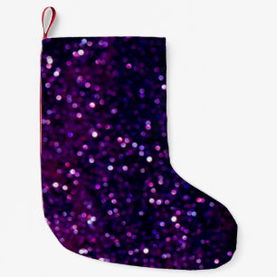 Glitter vintage lights background. purple and blac small christmas stocking