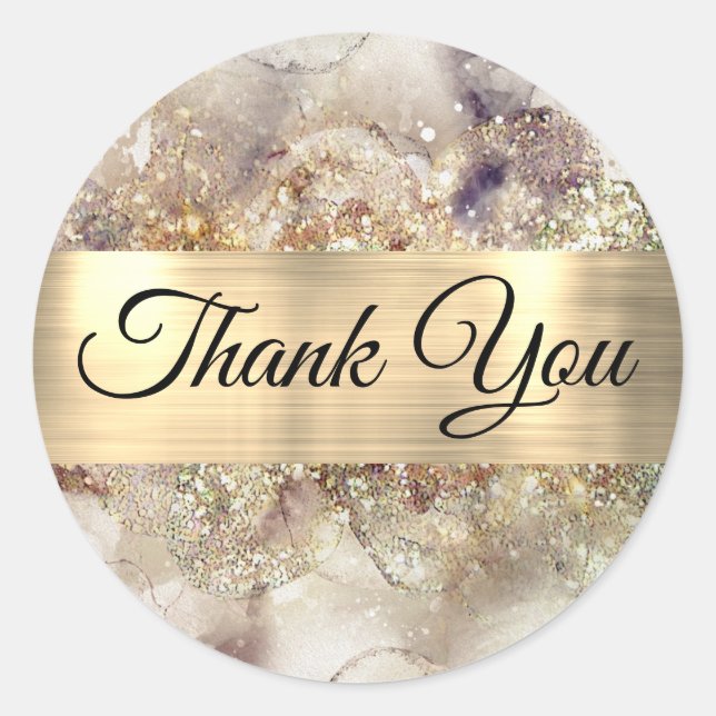 Glitter Watercolor and Foil Thank You Classic Round Sticker (Front)