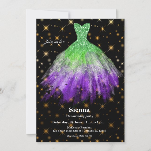 Glitter watercolor dresses invitation (Front)