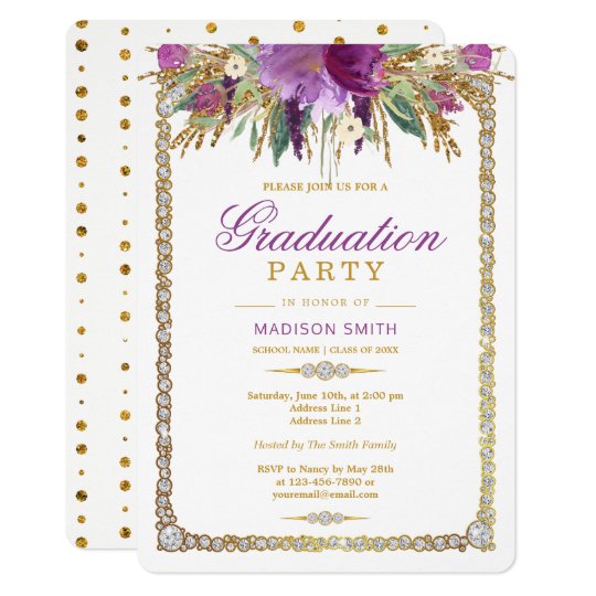 Glitter Watercolor Flowers Bling Grad Party Card