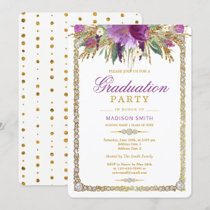 Glitter Watercolor Flowers Bling Grad Party Invitation