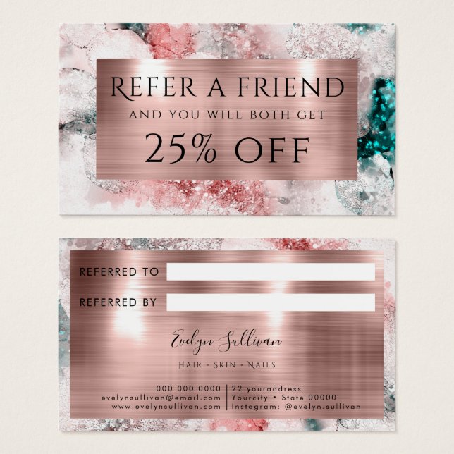 Glitter watercolor rose gold foil referral card (Front & Back)