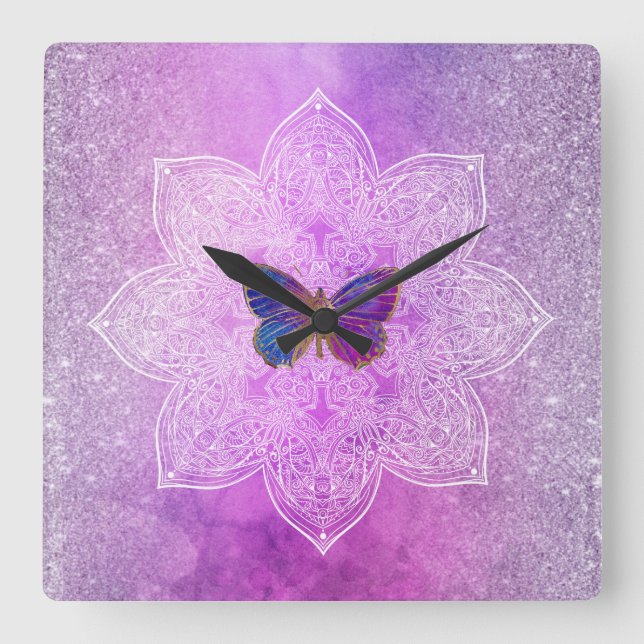 *~* Glitter Watercolor Yoga Butterfly Mandala Square Wall Clock (Front)
