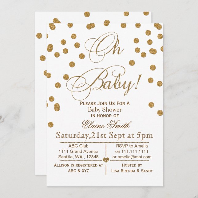 Glitter white and gold baby shower invitation (Front/Back)