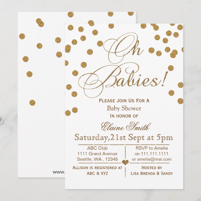 Glitter white and gold  twins baby shower invitation (Front/Back)