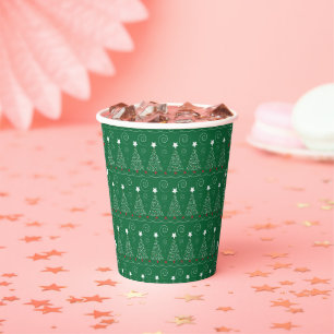 Glitter White Christmas Tree On Green Background Paper Cups