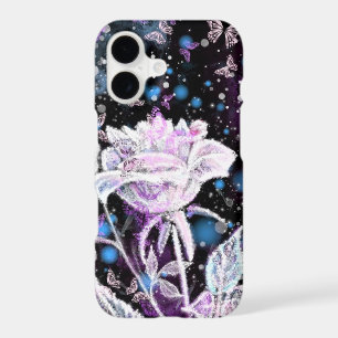 Glitter White Rose and Butterflies iPhone Case