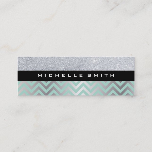 Glitter with Green Silver Chevron Pattern Mini Business Card (Front)