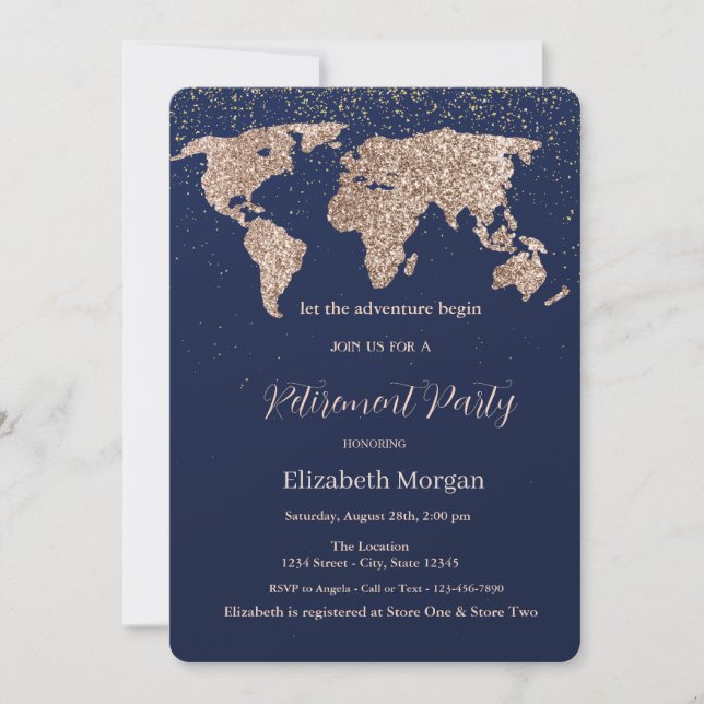 Glitter World Map Confetti Navy Blue Retirement Invitation (Front)