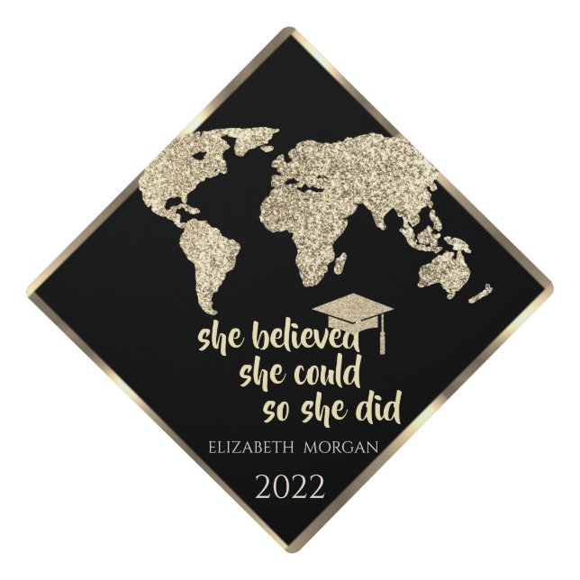 Glitter World Map -Motivational Message Graduation Cap Topper (Front)