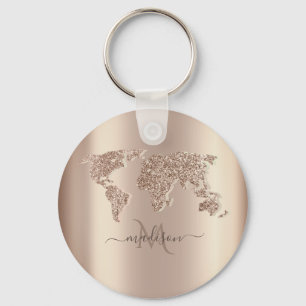 Glitter World Map Travel Monogram      Keychain