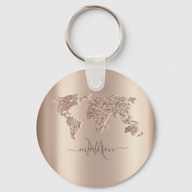 Glitter World Map Travel Monogram      Keychain (Front)