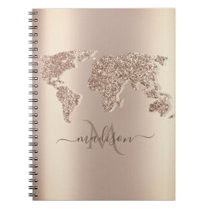 Glitter World Map Travel Monogram Notebook