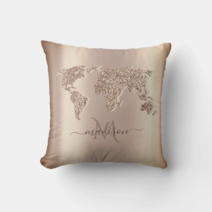 Glitter World Map Travel Monogram    Throw Pillow