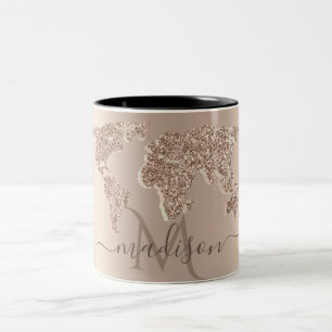 Glitter World Map Travel Monogram Two-Tone Coffee Mug