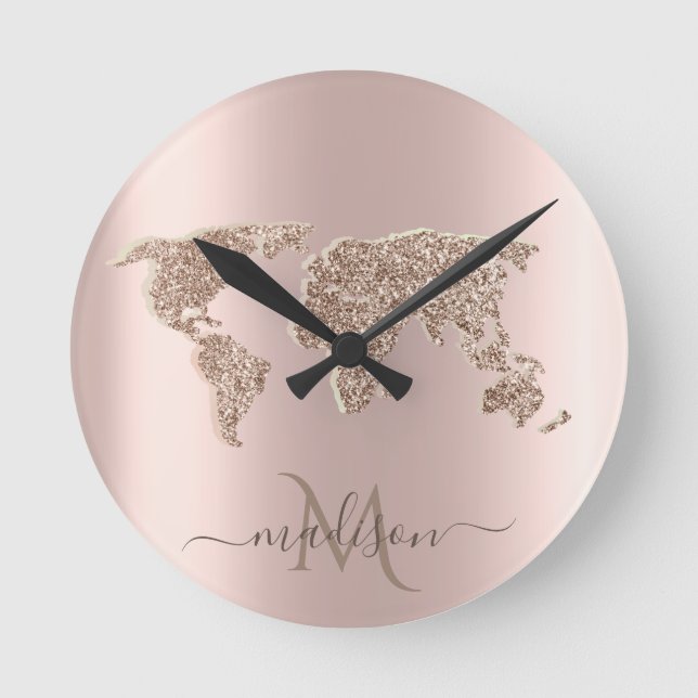 Glitter World Map Travel Rose Gold Monogram  Round Clock (Front)