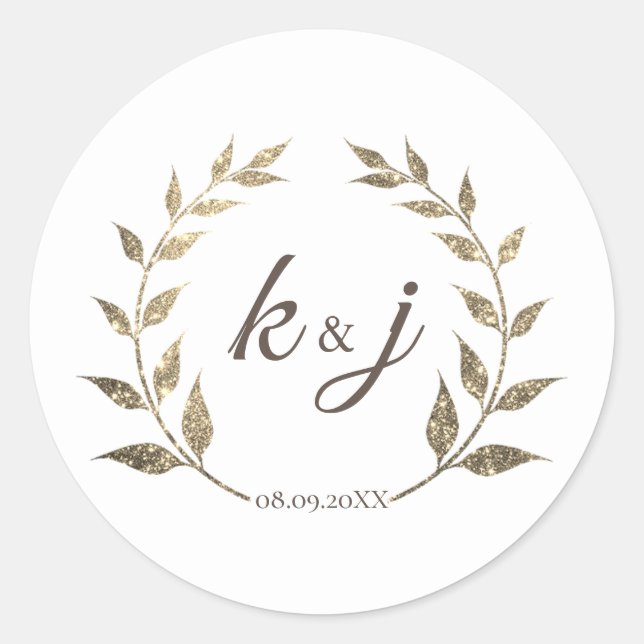 Glitter Wreath Monogram Wedding Save the Date Classic Round Sticker (Front)