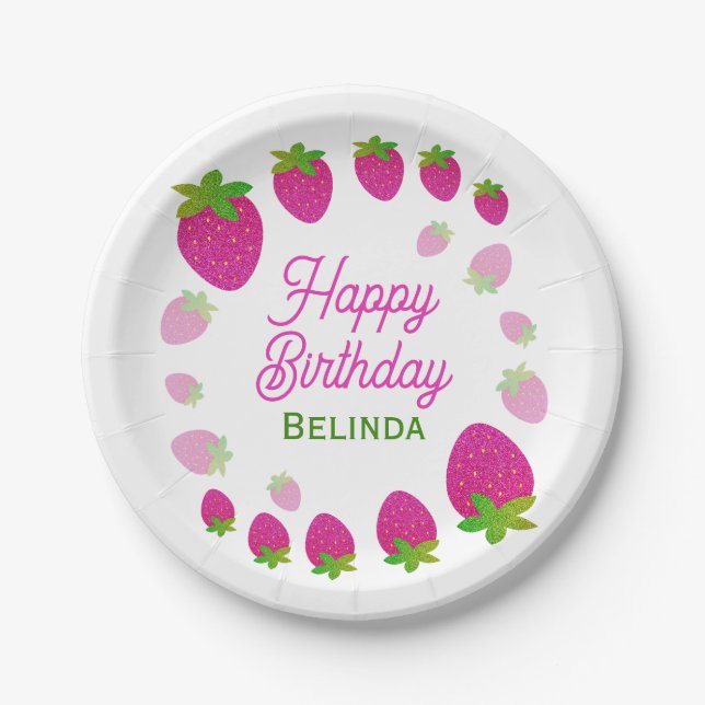 Glitter Y2K Strawberry Berry Birthday Paper Plate (Front)