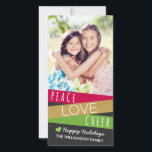 Glitter Zig Zag Holiday Photo Card / Red Green<br><div class="desc">Glitter Zig Zag Holiday Photo Card / Red Aqua by Orabella Prints. Contains a zig-zag design in gold glitter, red, and green, with the words "Peace, Love, & Cheer" under a size 8x10 photo. Dark grey background. Please replace the design image with a photo of your own before purchasing. Please...</div>