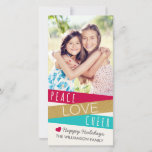 Glitter Zig Zag Peace Love Cheer Photo Holiday Card<br><div class="desc">Glitter Zig Zag Holiday Photo Card / Red Aqua by Orabella Prints. Contains a zig-zag design in gold glitter, red, and aqua, with the words "Peace, Love, & Cheer" under a size 8x10 photo. Cream/Ivory coloured background. Please replace the design image with a photo of your own before purchasing. Please...</div>