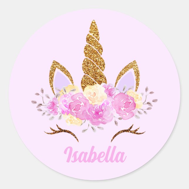 Glittered Floral Unicorn Face Personalized Name  Classic Round Sticker (Front)