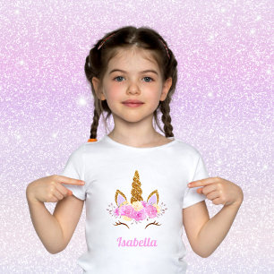 Glittered Floral Unicorn Face Personalized Name T-Shirt