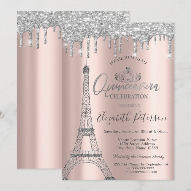 GlitterEiffel Tower,Tiara,Drips Silver Quinceañera Invitation (Front/Back)