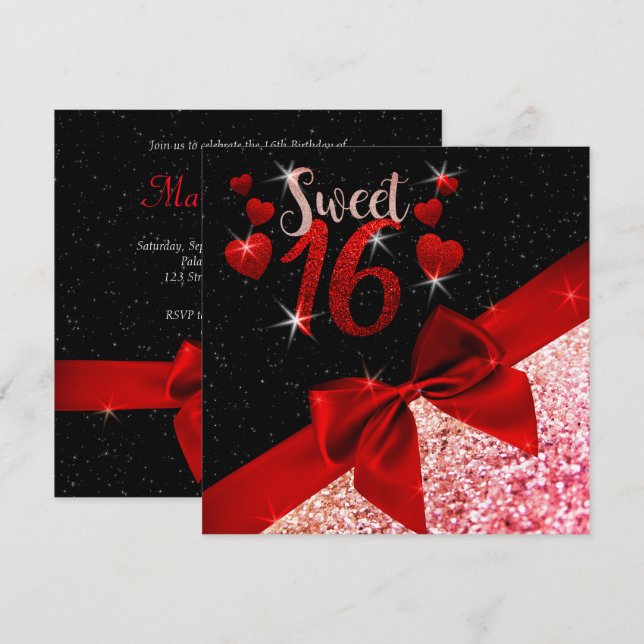 Glitterie noire et rouge 16 Invitations (Devant / Derrière)