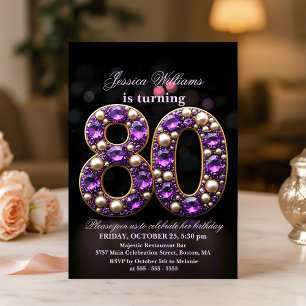 Glittering Amethyst and Pearl 80th Birthday  Invitation