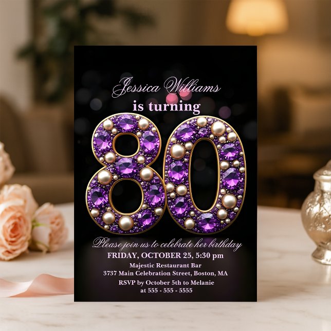 Glittering Amethyst and Pearl 80th Birthday  Invitation (Creator Uploaded)