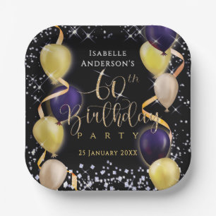 Glittering Balloons 60th Birthday Black Paper Plate