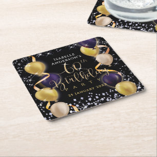 Glittering Balloons 60th Birthday Black Square Paper Coaster