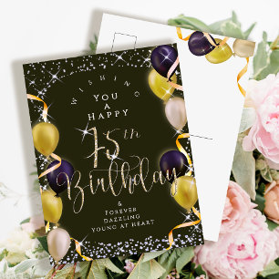 Glittering Balloons 75th Happy Birthday Black Postcard