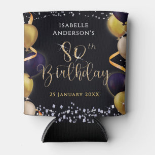 Glittering Balloons 80th Birthday Black Can Cooler