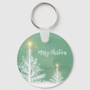 Glittering Blue Background with Christmas Tree Keychain
