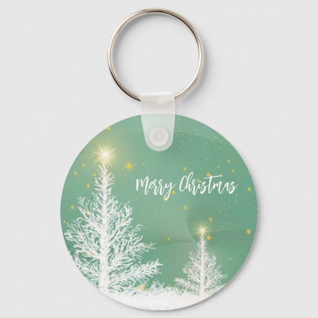 Glittering Blue Background with Christmas Tree  Keychain (Front)