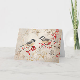 Glittering Chickadees with Red Berries Card