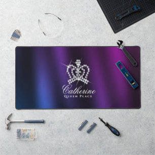 Glittering Crown Black Blue Purple Desk Mat