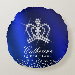 Glittering Crown Blue Round Pillow
