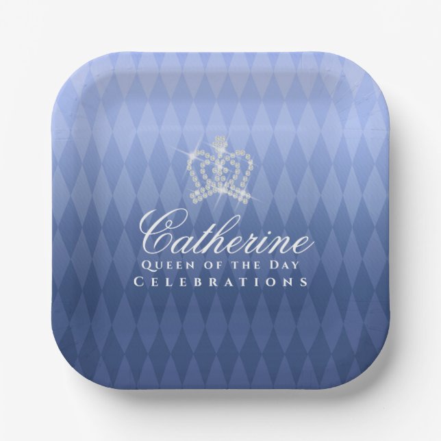 Glittering Crown Luxury Blue Paper Plate (Front)