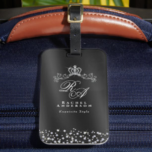 Glittering Crown Monogram Black Luggage Tag