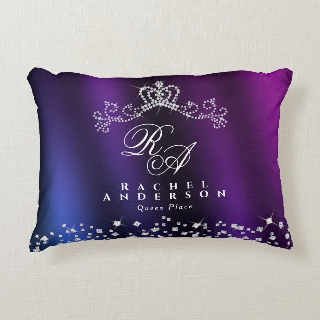 Glittering Crown Monogram Purple Blue Accent Pillow (Front)