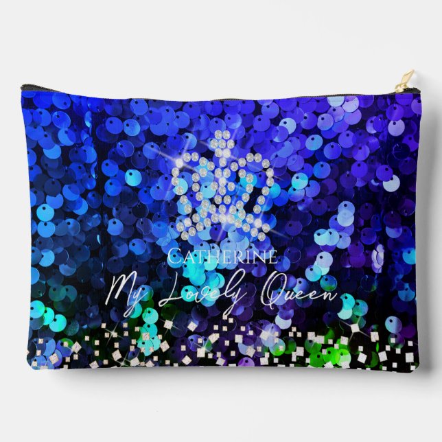 Glittering Crown Sequin Blue Accessory Pouch (Back)
