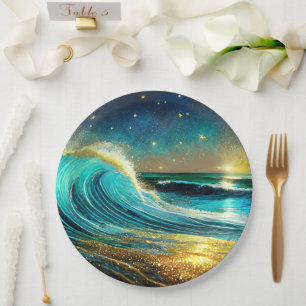 Glittering Divergent Ocean Waves Paper Plate