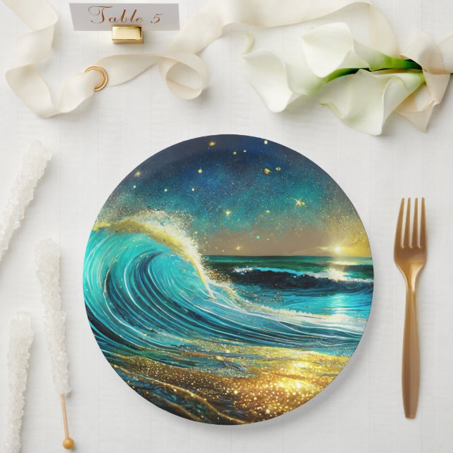 Glittering Divergent Ocean Waves Paper Plate (Wedding)