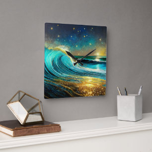 Glittering Divergent Ocean Waves Square Wall Clock