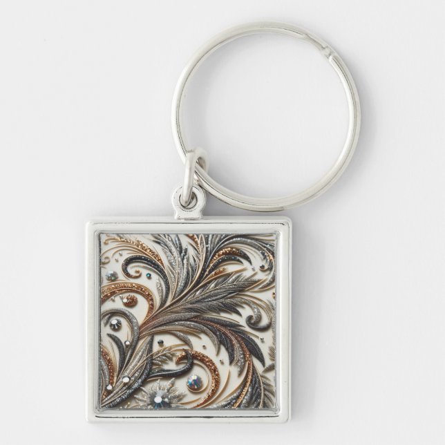 Glittering floral pattern with gemstone keychain (Front)