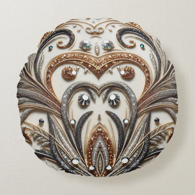 Glittering floral pattern with gemstone round pillow (Front)